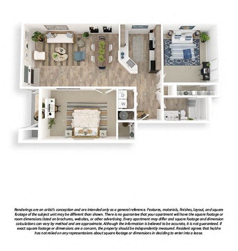 Floor plan for 2 beds, 1 bath, 835 sqft